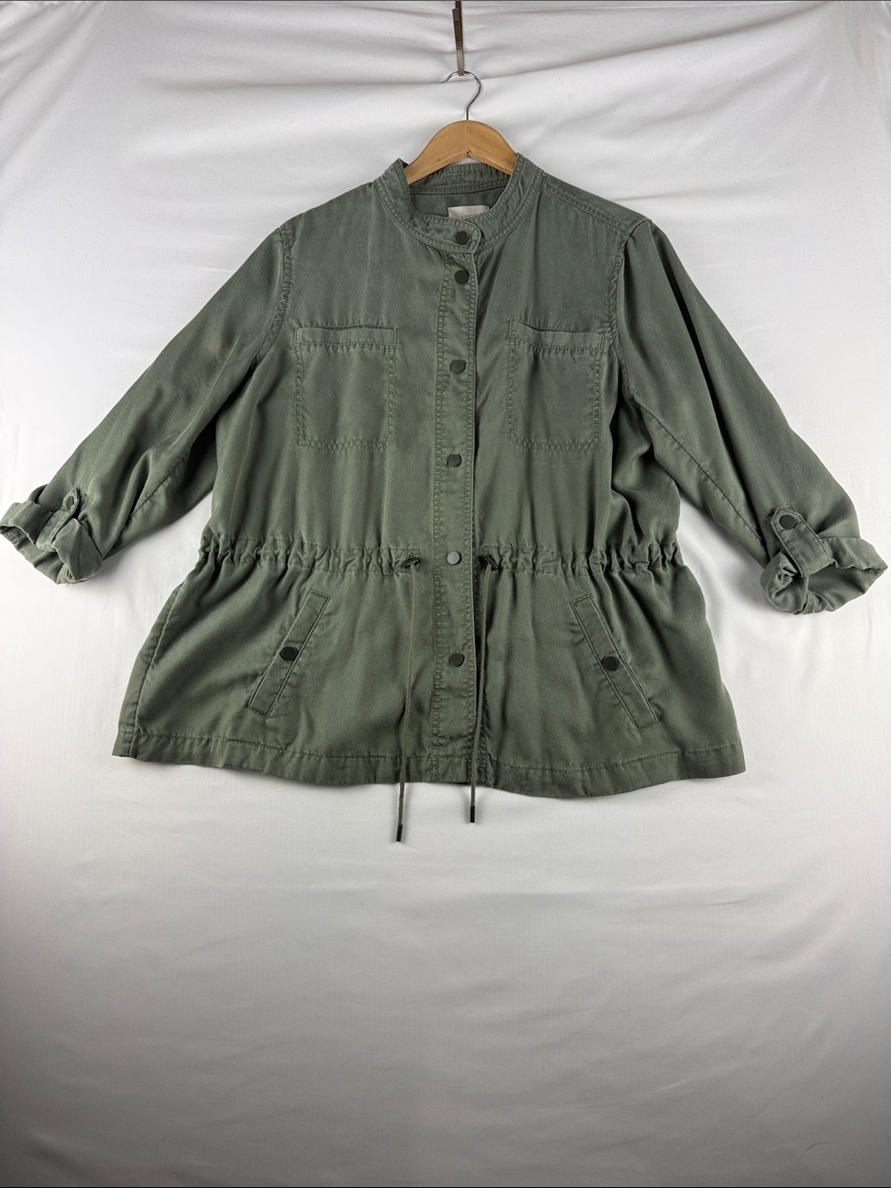 LOFT Green Utility Jacket Women's XL Petite Roll Tab Sleeves Waist Tie